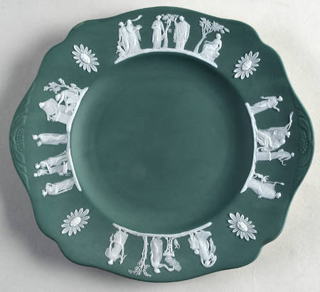 Cream Color on Spruce Green Jasperware Square Handled Cake Plate