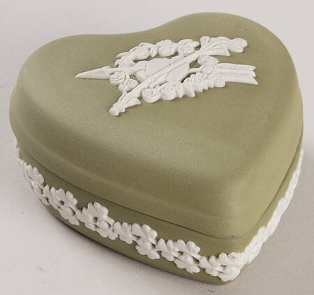 Cream Color on Celadon Jasperware Small Heart Shape Box & Lid