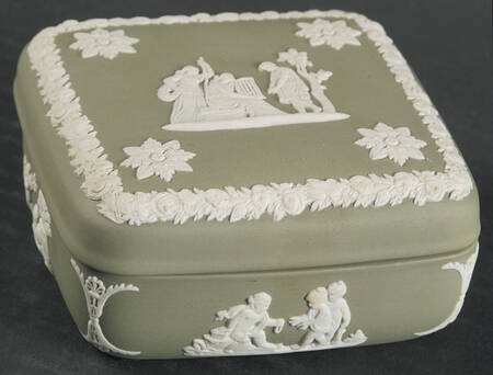 Cream Color on Celadon Jasperware Square Box with Lid