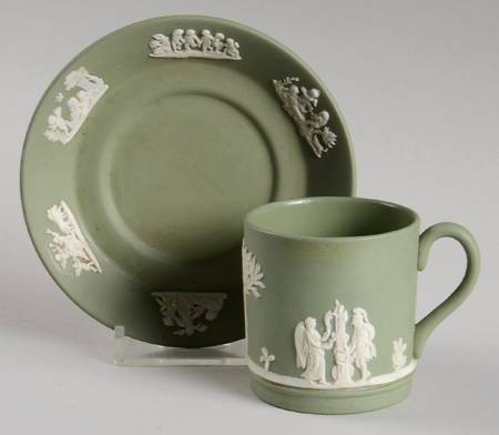 Cream Color on Celadon Jasperware Flat Demitasse Cup & Saucer Set