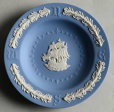 Cream Color on Lavender (Pale Blue) Jasperware 4" Round Tray