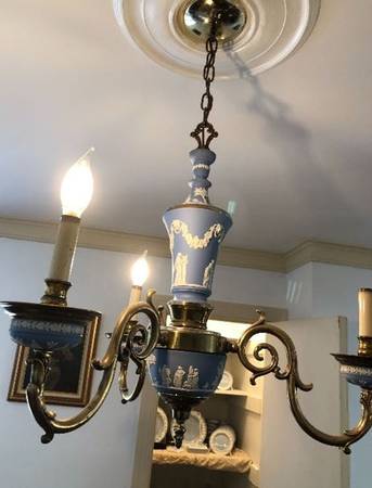 Cream Color on Lavender (Pale Blue) Jasperware 3 Light Chandelier