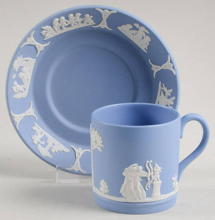 Cream Color on Lavender (Pale Blue) Jasperware Flat Demitasse Cup & Saucer Set