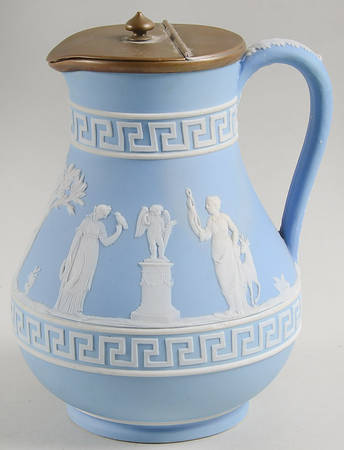 Cream Color on Lavender (Pale Blue) Jasperware 6" Etruscan Jug & Metal Lid