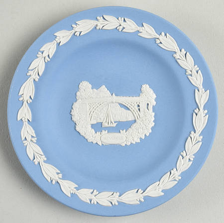 Cream Color on Lavender (Pale Blue) Jasperware Round Landmark Tray