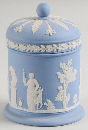 Cream Color on Lavender (Pale Blue) Jasperware Cigarette Jar & Lid by Wedgwood