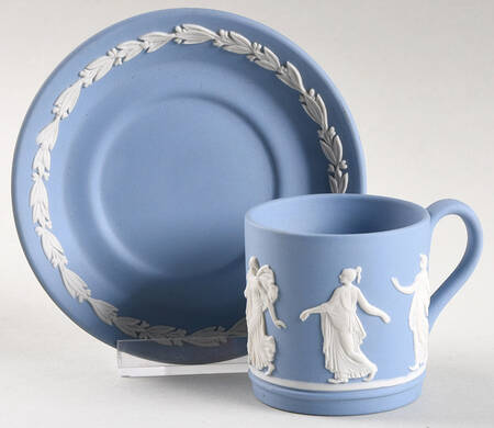 Cream Color on Lavender (Pale Blue) Jasperware Flat Demitasse Cup & Saucer Set