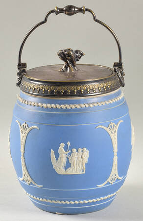 Cream Color on Lavender (Pale Blue) Jasperware Biscuit Barrel & Lid