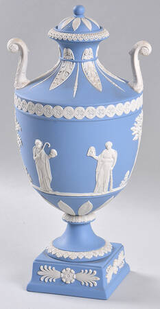 Cream Color on Lavender (Pale Blue) Jasperware Muses Urn Vase