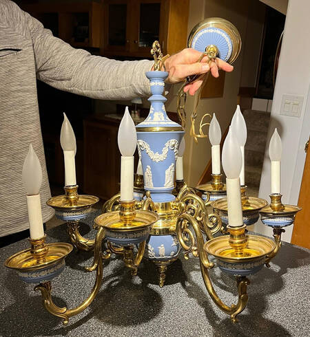 Cream Color on Lavender (Pale Blue) Jasperware 9 Light Chandelier