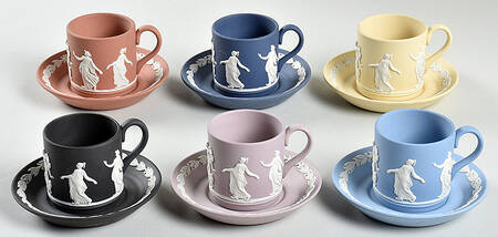 Cream Color on Lavender (Pale Blue) Jasperware Flat Jasperware Demi Cup & Saucers - Set of 6 Boxed