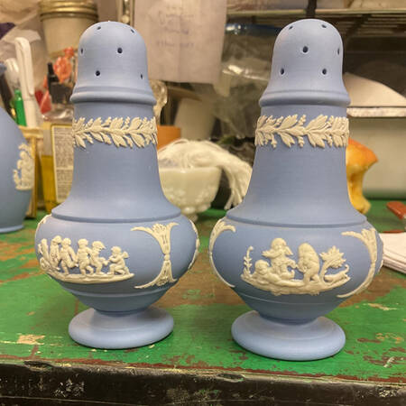 Cream Color on Lavender (Pale Blue) Jasperware Salt & Pepper Set