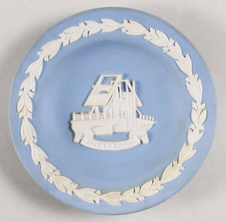 Cream Color on Lavender (Pale Blue) Jasperware Round Landmark Tray