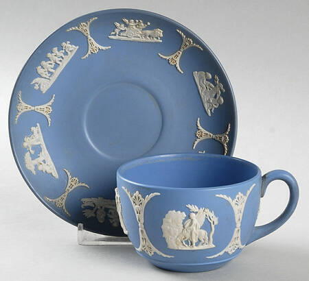 Cream Color on Lavender (Pale Blue) Jasperware Flat Cup & Saucer Set