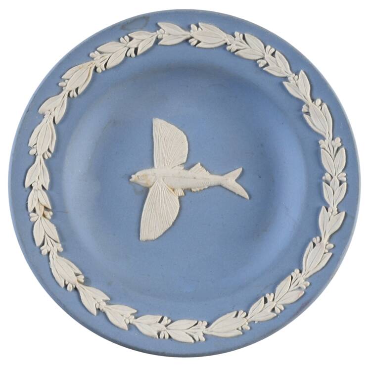 Cream Color on Lavender (Pale Blue) Jasperware Round Animal Tray