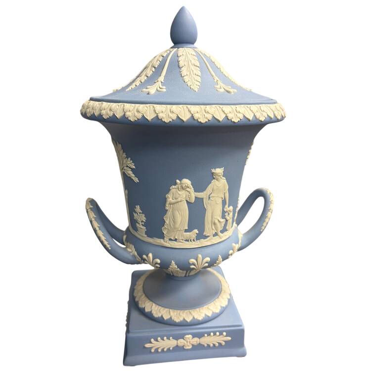 Cream Color on Lavender (Pale Blue) Jasperware Vase/Urn with Lid