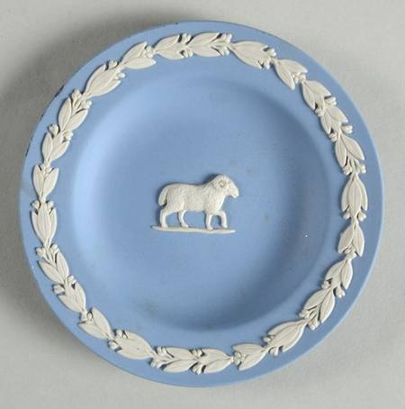 Cream Color on Lavender (Pale Blue) Jasperware 4" Zodiac Aries Round Tray