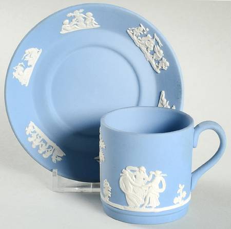Cream Color on Lavender (Pale Blue) Jasperware Flat Demitasse Cup & Saucer Set