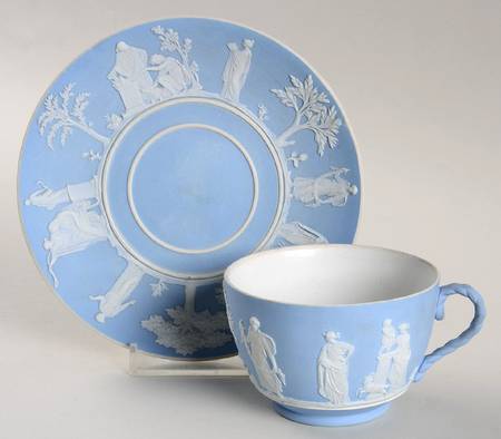 Cream Color on Lavender (Pale Blue) Jasperware Flat Cup & Saucer Set