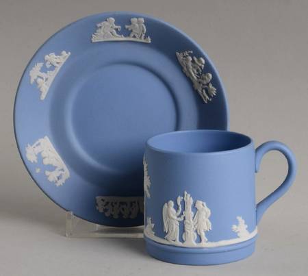 Cream Color on Lavender (Pale Blue) Jasperware Flat Demitasse Cup & Saucer Set