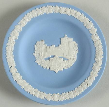Cream Color on Lavender (Pale Blue) Jasperware Round Landmark Tray