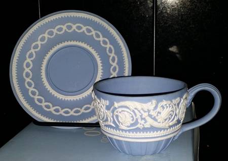 Cream Color on Lavender (Pale Blue) Jasperware 250th Anniversary Flat Cup & Saucer Set