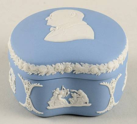 Cream Color on Lavender (Pale Blue) Jasperware Bean Box & Lid by Wedgwood
