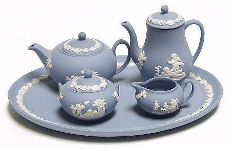 Cream Color on Lavender (Pale Blue) Jasperware (8 Pcs) Miniature Tea Set