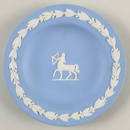 Cream Color on Lavender (Pale Blue) Jasperware 4" Zodiac Sagitarius Round Tray