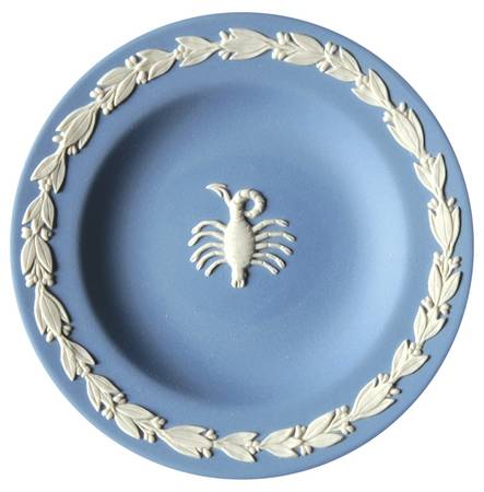Cream Color on Lavender (Pale Blue) Jasperware 4" Zodiac Scorpio Round Tray