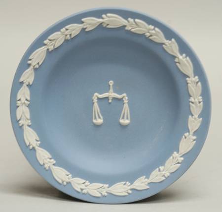 Cream Color on Lavender (Pale Blue) Jasperware 4" Zodiac Libra Round Tray