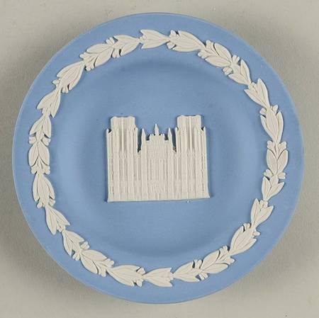 Cream Color on Lavender (Pale Blue) Jasperware Round Landmark Tray