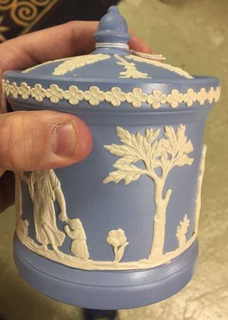 Cream Color on Lavender (Pale Blue) Jasperware Tobacco Jar & Lid