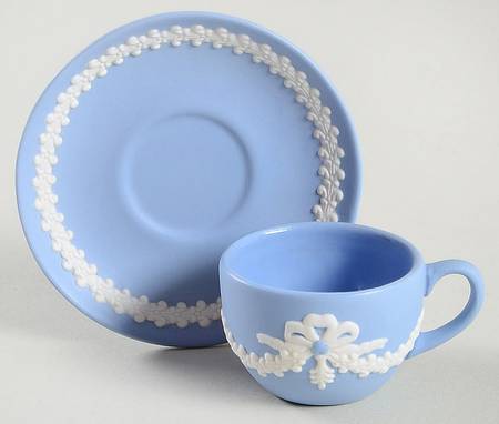 Cream Color on Lavender (Pale Blue) Jasperware Miniature Cup & Saucer Set