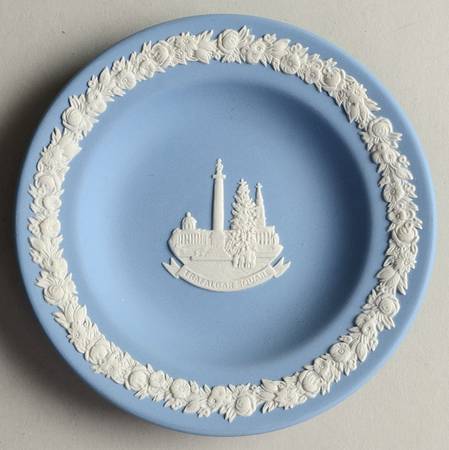 Cream Color on Lavender (Pale Blue) Jasperware Round Landmark Tray