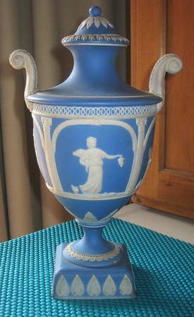 Cream Color on Lavender (Pale Blue) Jasperware 11" Vase/Urn & Lid