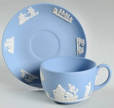 Cream Color on Lavender (Pale Blue) Jasperware Flat Cup & Saucer Set