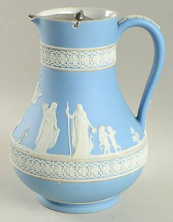 Cream Color on Lavender (Pale Blue) Jasperware 7" Etruscan Jug & Metal Lid