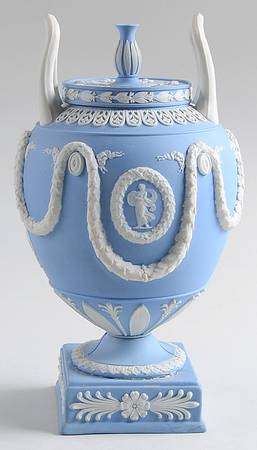 Cream Color on Lavender (Pale Blue) Jasperware 8" Vase/Urn & Lid