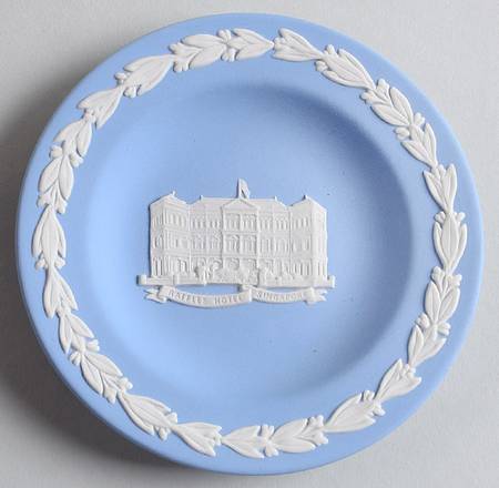 Cream Color on Lavender (Pale Blue) Jasperware Round Landmark Tray