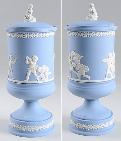 Cream Color on Lavender (Pale Blue) Jasperware Vase/Urn with Lid