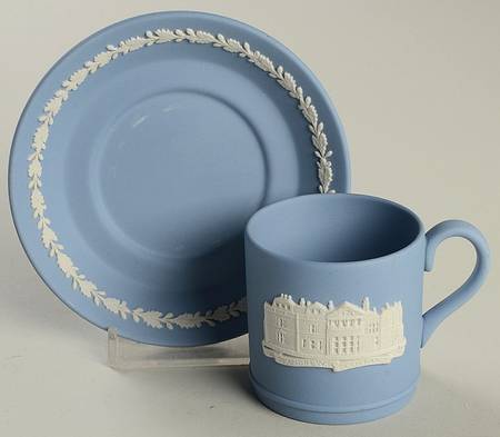 Cream Color on Lavender (Pale Blue) Jasperware Flat Demitasse Cup & Saucer Set