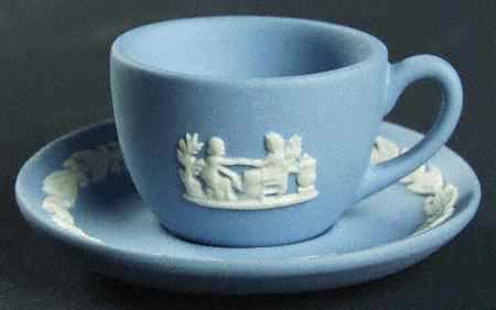 Cream Color on Lavender (Pale Blue) Jasperware Miniature Cup and Saucer Set