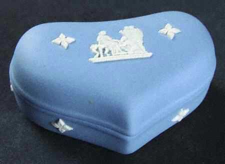 Cream Color on Lavender (Pale Blue) Jasperware Miniature Box-Heart Shape/With Lid