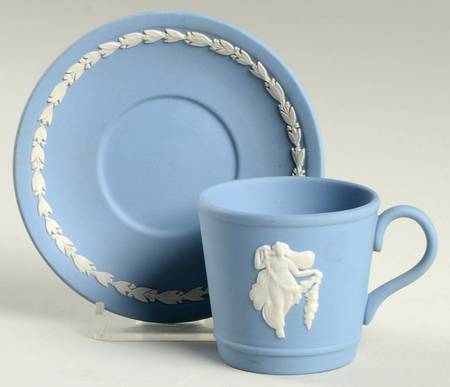 Cream Color on Lavender (Pale Blue) Jasperware Flat Demitasse Cup & Saucer Set