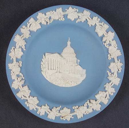 Cream Color on Lavender (Pale Blue) Jasperware Round Landmark Tray
