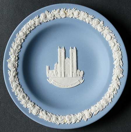 Cream Color on Lavender (Pale Blue) Jasperware 4" Round Tray