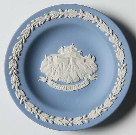 Cream Color on Lavender (Pale Blue) Jasperware Round Landmark Tray