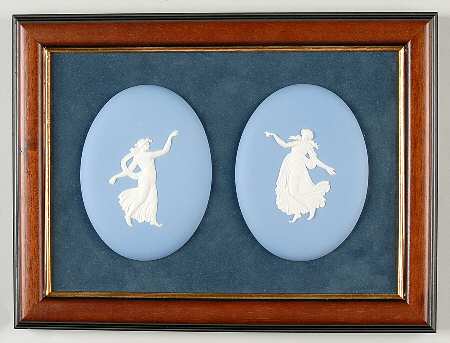 Cream Color on Lavender (Pale Blue) Jasperware Double Plaque with Wood Frame