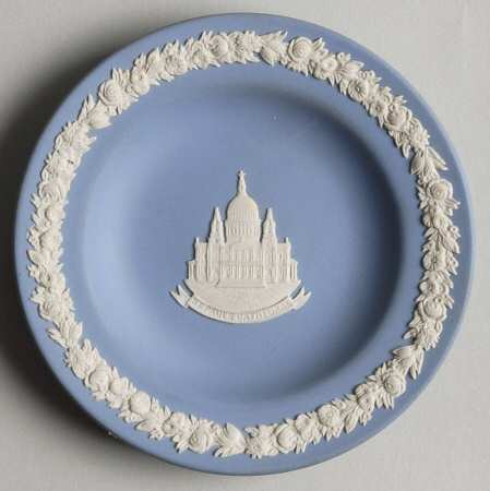 Cream Color on Lavender (Pale Blue) Jasperware Round Landmark Tray